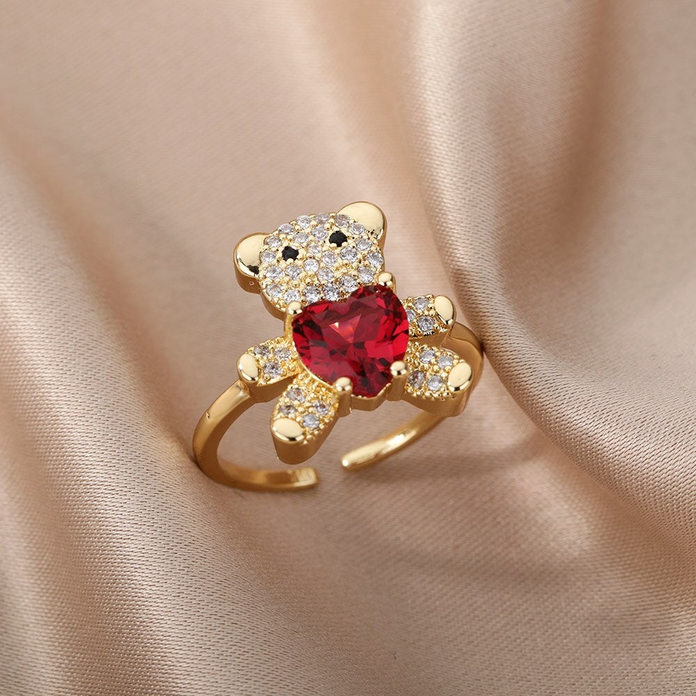 Punk Bear Ring, Crystal Bear Ring, 18K Gold Bear Ring, Teddy Bear Ring, Punk Fashion Ring for Women, Gift for Her