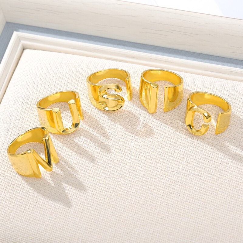 Punk Initial Ring, 18K Gold Initial Ring, Gold Letter Ring, Punk Letter Ring, Initial Fashion Ring for Women, Gift for Her
