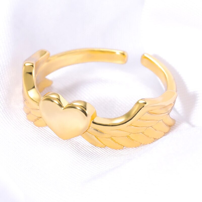 Punk Heart Ring, Punk Angel Wings Heart Ring, 18K Gold Heart Ring, Gold Wings Ring, Punk Fashion Ring for Women, Gift for Her