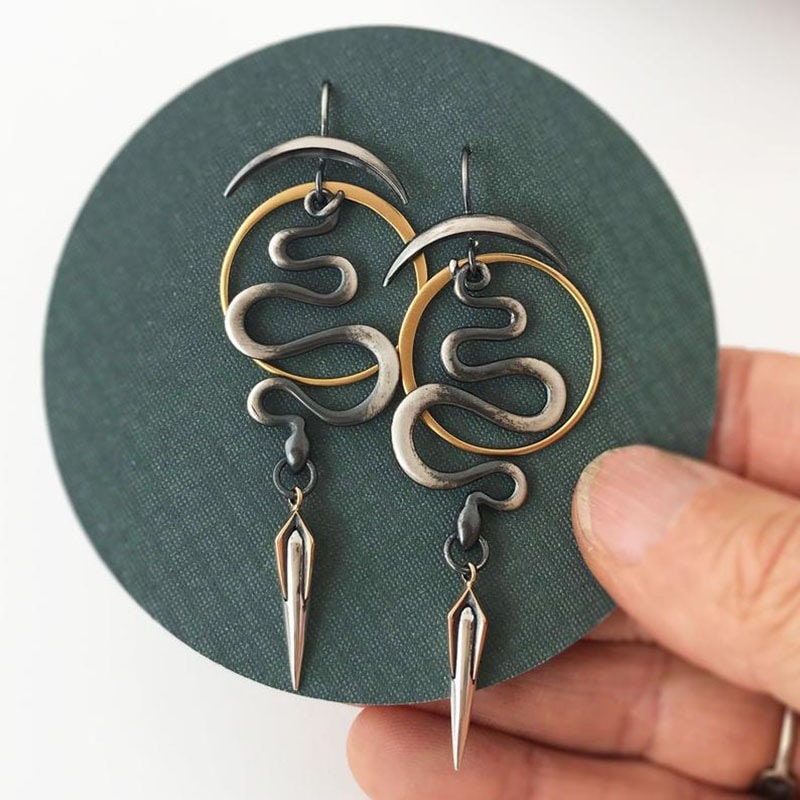 Gothic Snake Earrings, Snake Drop Earrings, Gothic Moon Earrings, Moon Drop Earrings, Gothic Fashion Earrings for Women, Gift for Her