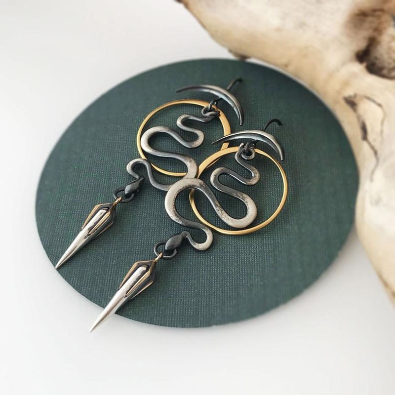 Gothic Snake Earrings, Snake Drop Earrings, Gothic Moon Earrings, Moon Drop Earrings, Gothic Fashion Earrings for Women, Gift for Her