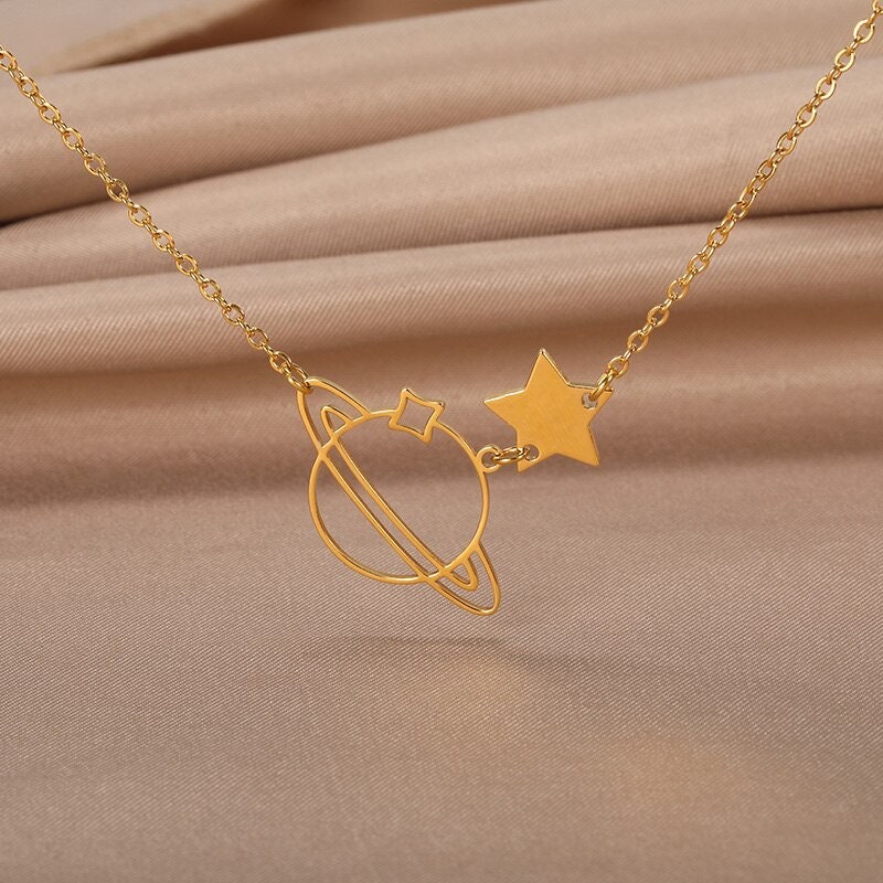 18K Gold Saturn Necklace, Gold Celestial Necklace, Galaxy Pendant, Dainty Galaxy Necklace for Women, Gift for Her
