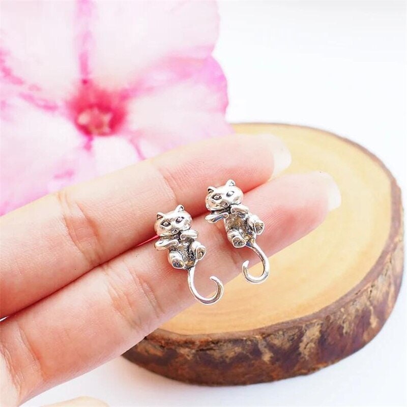 Gothic Cat Earrings, Punk Cat Earrings, Silver Cat Earrings, Cute Cat Earrings, Punk Fashion Earrings for Women, Gift for Her