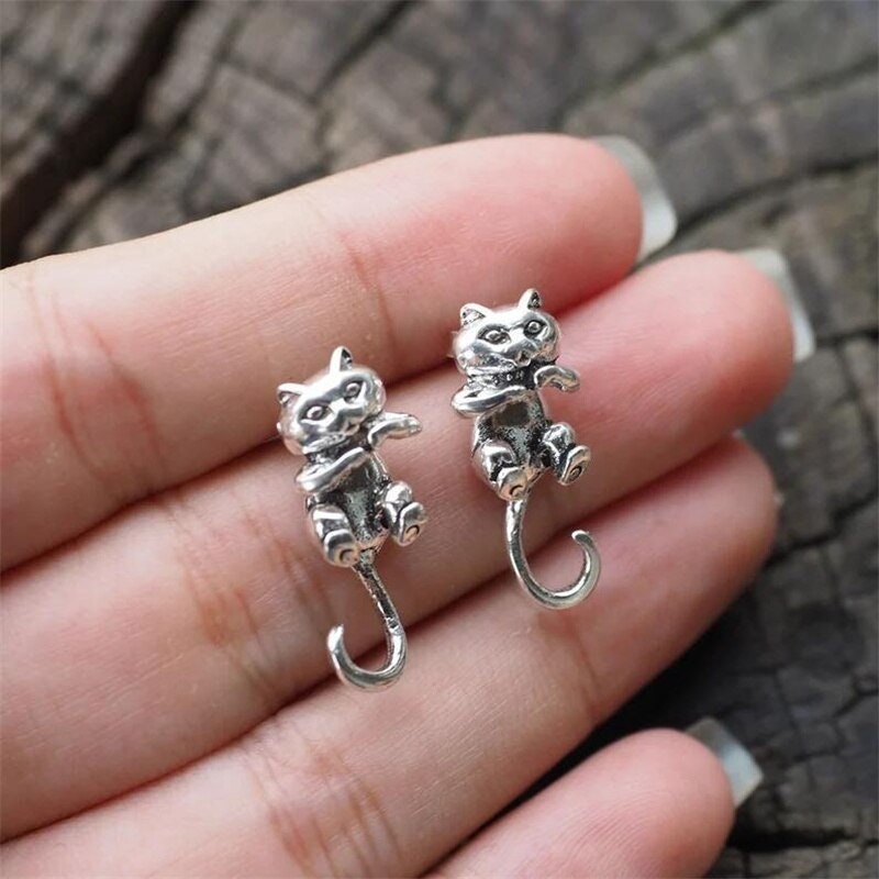 Gothic Cat Earrings, Punk Cat Earrings, Silver Cat Earrings, Cute Cat Earrings, Punk Fashion Earrings for Women, Gift for Her