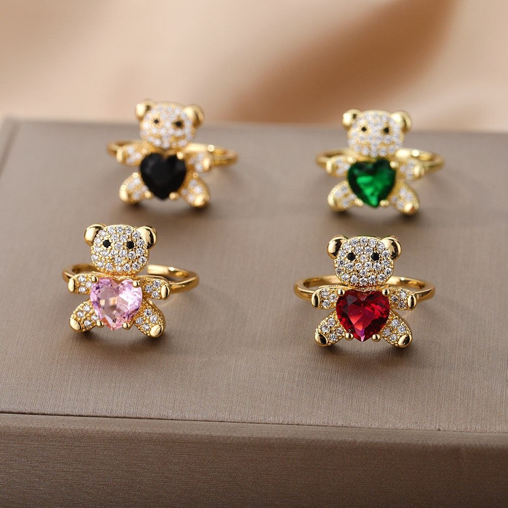 Punk Bear Ring, Crystal Bear Ring, 18K Gold Bear Ring, Teddy Bear Ring, Punk Fashion Ring for Women, Gift for Her