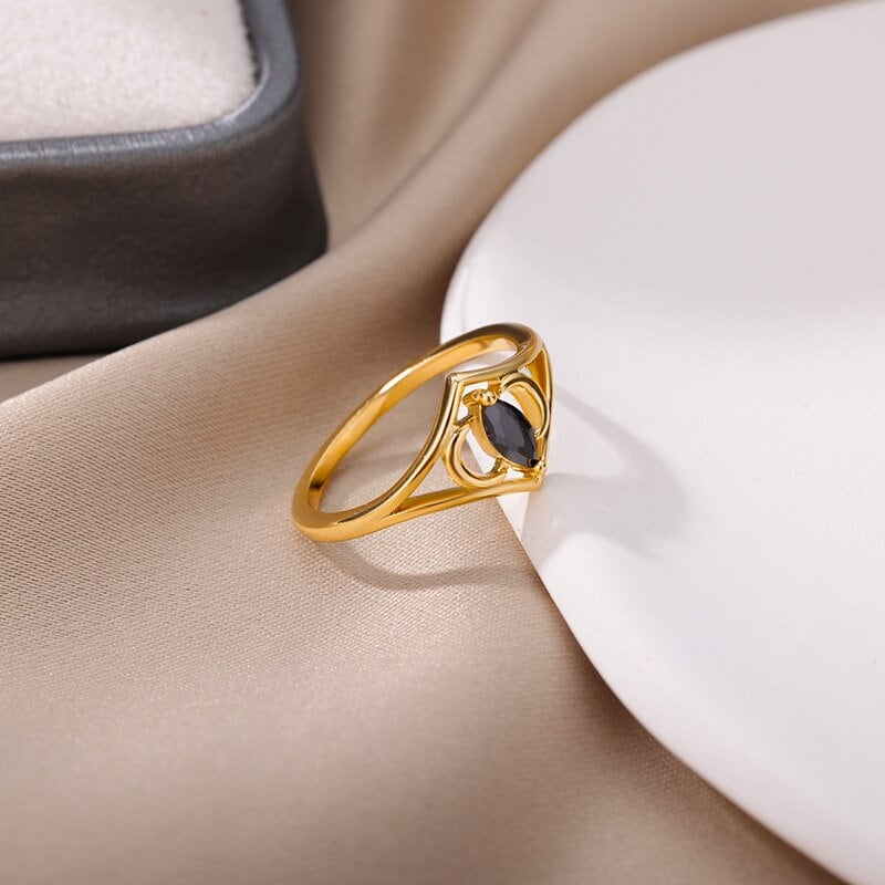 Gothic Black Crystal Ring, 18K Gold Crown Ring, Punk Black Crystal Ring, Gothic Fashion Ring for Women, Gift for Her