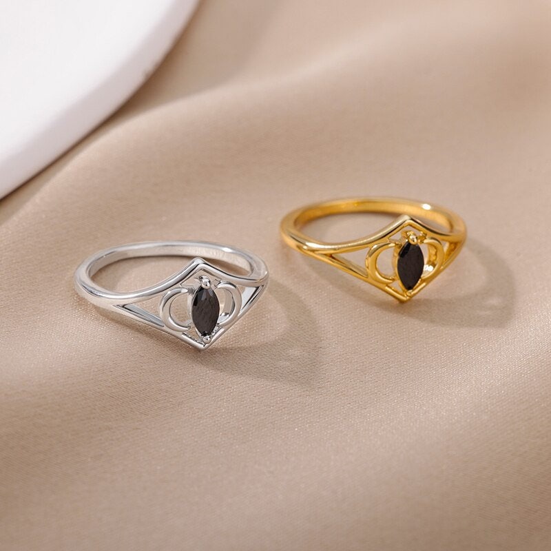 Gothic Black Crystal Ring, 18K Gold Crown Ring, Punk Black Crystal Ring, Gothic Fashion Ring for Women, Gift for Her