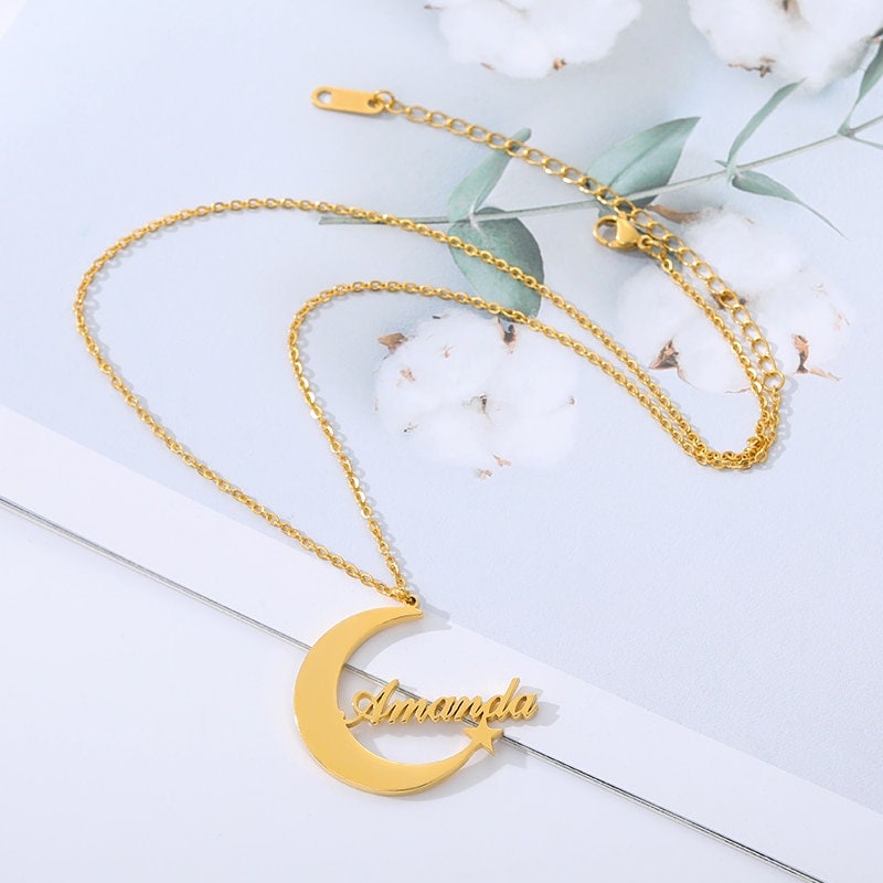 Custom Name Necklace, 18K Gold Name Necklace, Gold Moon Necklace, Moon Name Necklace, Personalized Name Moon Necklace for Women
