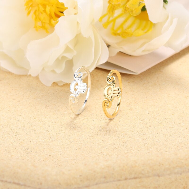 Punk Evil Eye Hand of Fatima, 18K Gold Gothic Stackable Ring, Dainty Minimalist Jewelry, Delicate Handmade for Women, Gift for Her
