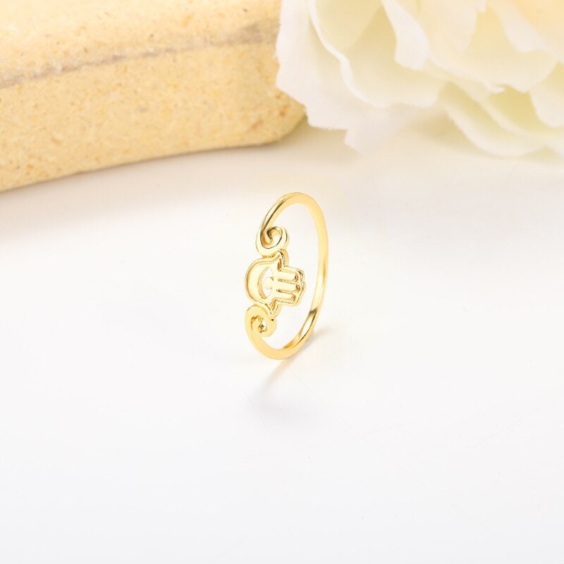 Punk Evil Eye Hand of Fatima, 18K Gold Gothic Stackable Ring, Dainty Minimalist Jewelry, Delicate Handmade for Women, Gift for Her