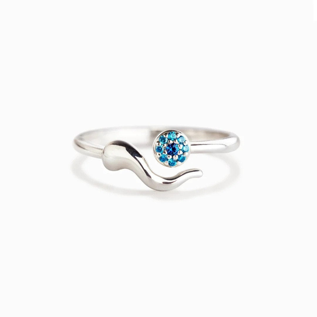 Punk Blue Evil Eye Amulet, Silver Gothic Stackable Ring, Dainty Minimalist Jewelry, Delicate Handmade for Women, Gift for Her