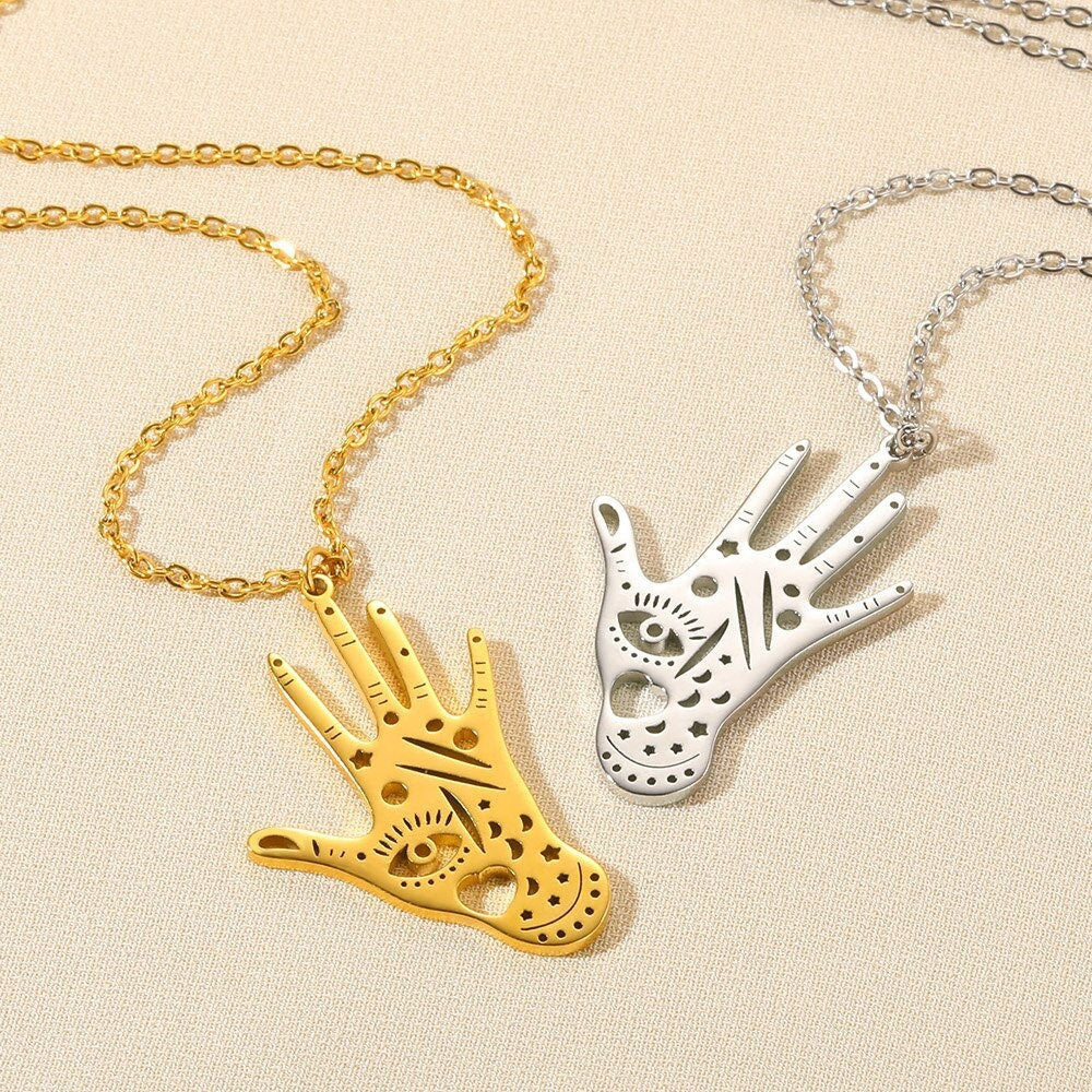 Punk Hand of Fatima Hamsa Pendant, 18K Gold Layered Necklace, Gothic Dainty Minimalist Jewelry, Delicate Handmade for Women, Gift for Her