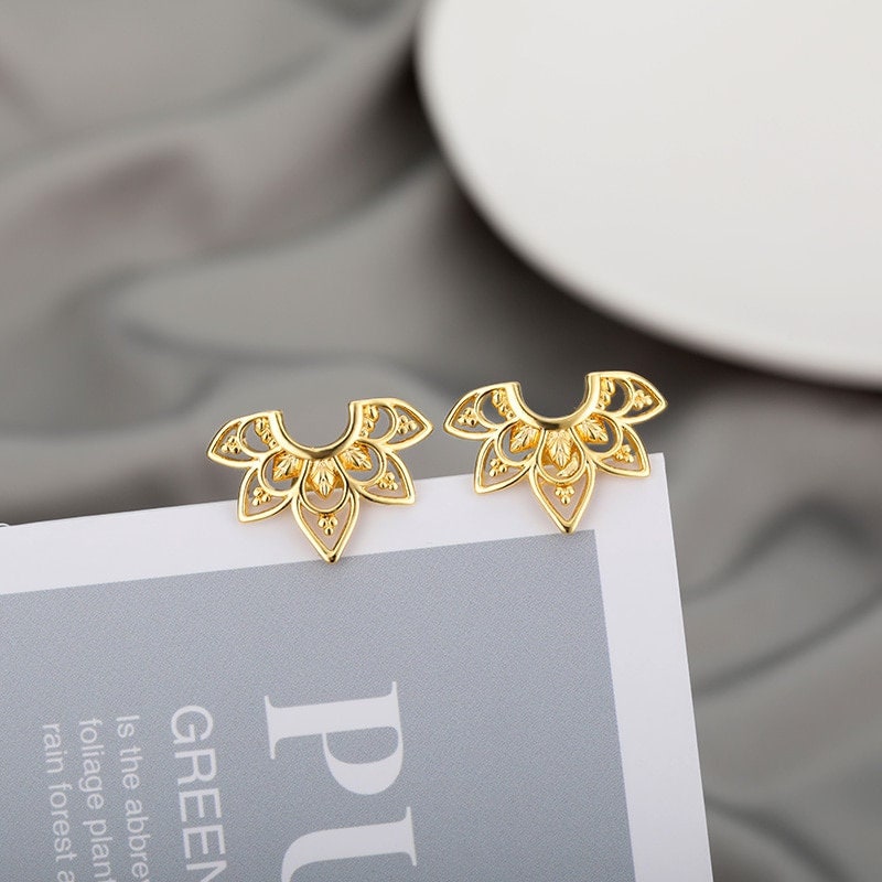 Boho Henna Lotus Flower , 18K Gold Everyday Earrings, Dainty Minimalist Jewelry, Delicate Handmade  for Women, Gift for Her
