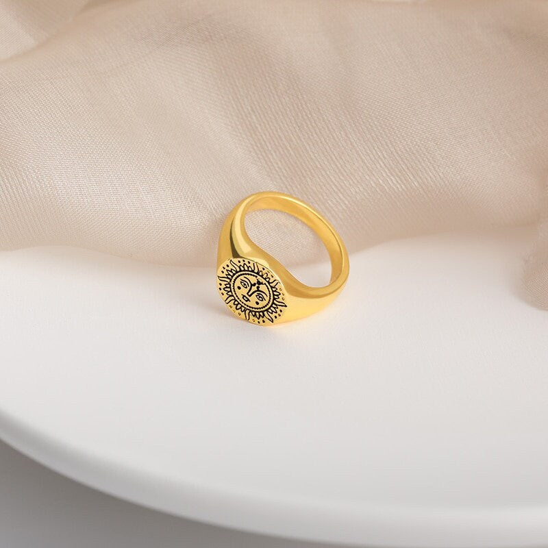 Punk Sun Moon Face, 18K Gold Gothic Stackable Ring, Dainty Minimalist Jewelry, Delicate Handmade for Women, Gift for Her