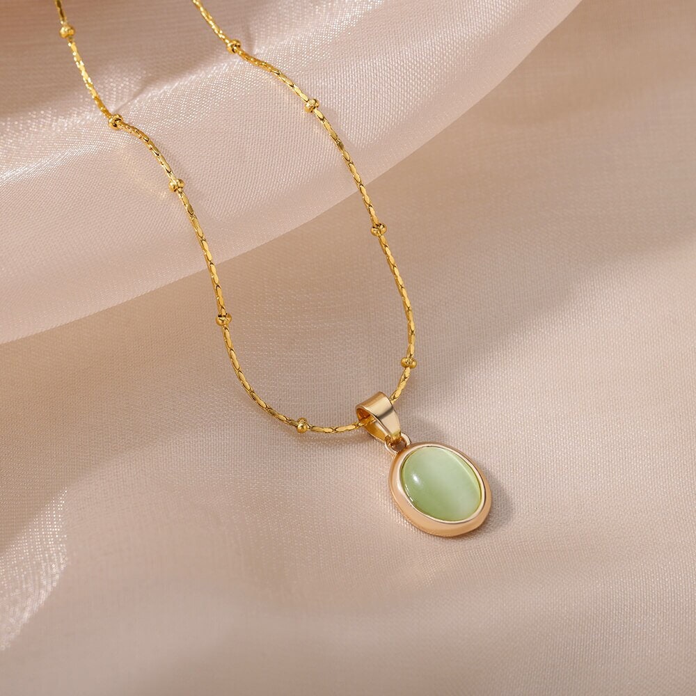 Boho Round Opal Pendant, 18K Gold Layered Yogi Necklace, Dainty Minimalist Jewelry, Delicate Handmade for Women, Gift for Her