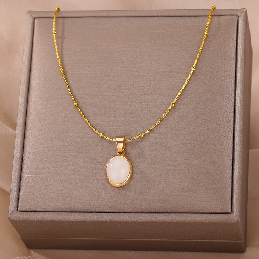 Boho Round Opal Pendant, 18K Gold Layered Yogi Necklace, Dainty Minimalist Jewelry, Delicate Handmade for Women, Gift for Her