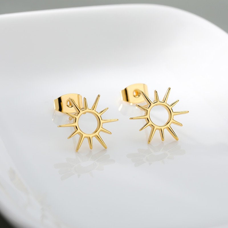 Punk Retro Sun, 18K Gold Everyday Earrings, Gothic Dainty Minimalist Jewelry, Delicate Handmade for Women, Gift for Her