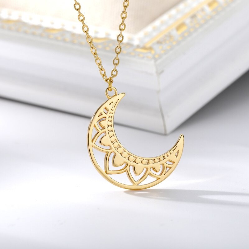 Boho Henna Moon Pendant, 18K Gold Layered Yogi Necklace, Dainty Minimalist Jewelry, Delicate Handmade for Women, Gift for Her
