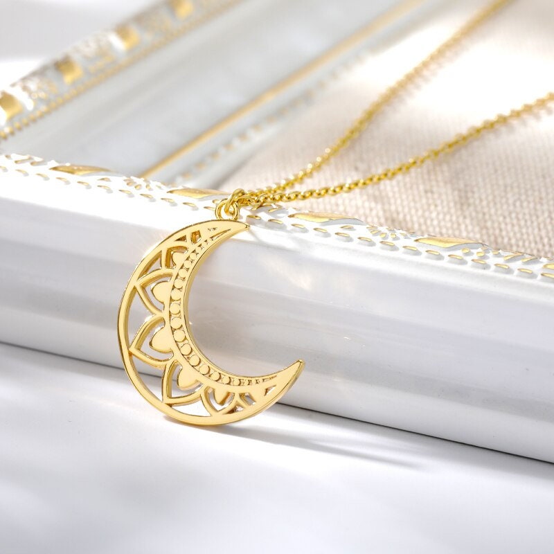 Boho Henna Moon Pendant, 18K Gold Layered Yogi Necklace, Dainty Minimalist Jewelry, Delicate Handmade for Women, Gift for Her