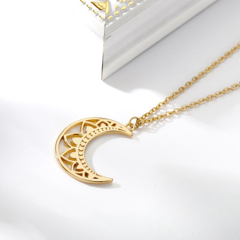 Boho Henna Moon Pendant, 18K Gold Layered Yogi Necklace, Dainty Minimalist Jewelry, Delicate Handmade for Women, Gift for Her