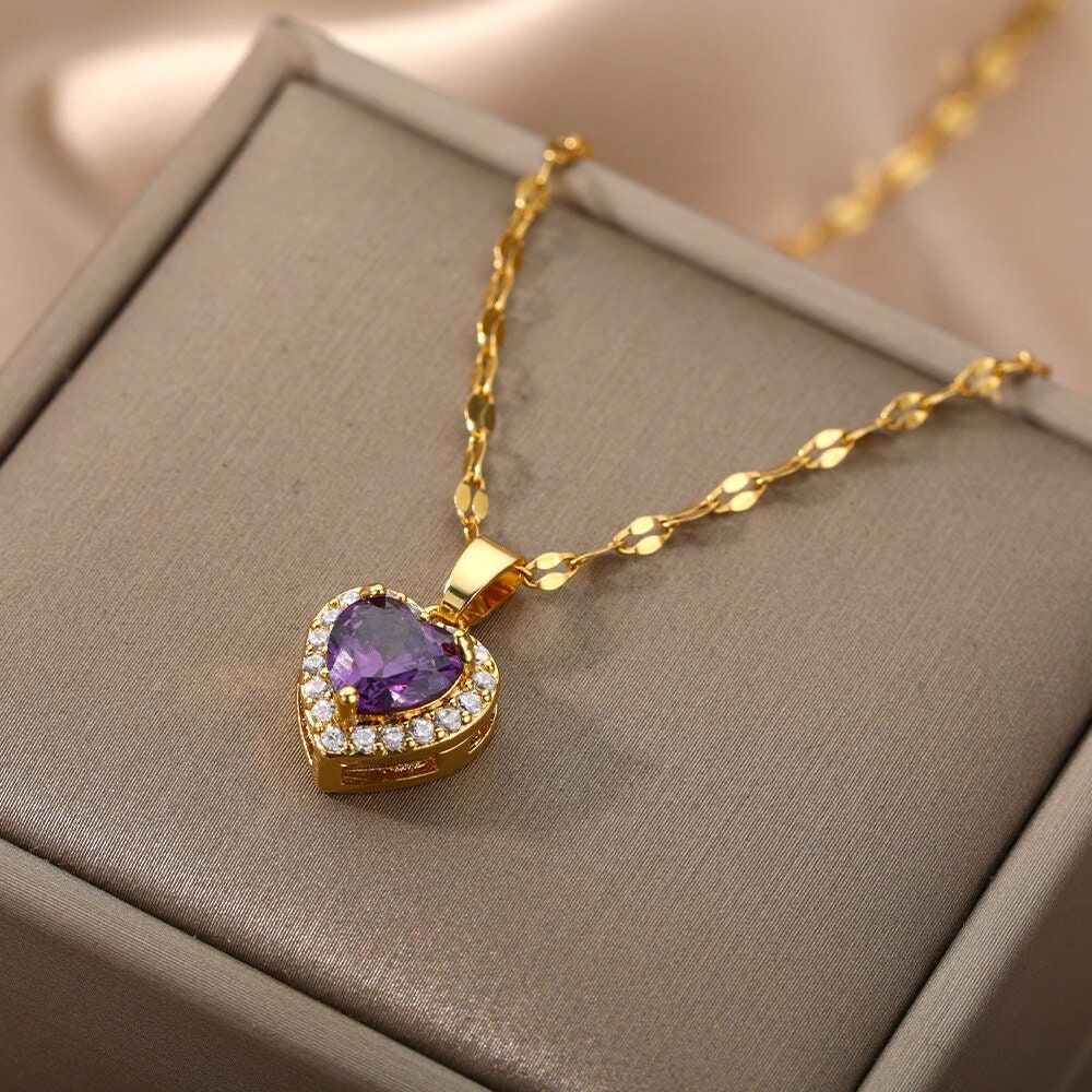 Punk Purple Crystal Heart Pendant, 18K Gold Layered Necklace, Gothic Dainty Minimalist Jewelry, Delicate Handmade for Women, Gift for Her