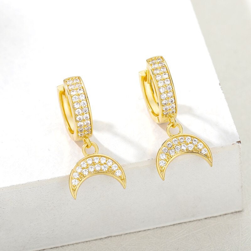 Boho Crystal Moon Charm , 18K Gold Everyday Earrings, Dainty Minimalist Jewelry, Delicate Handmade for Women, Gift for Her