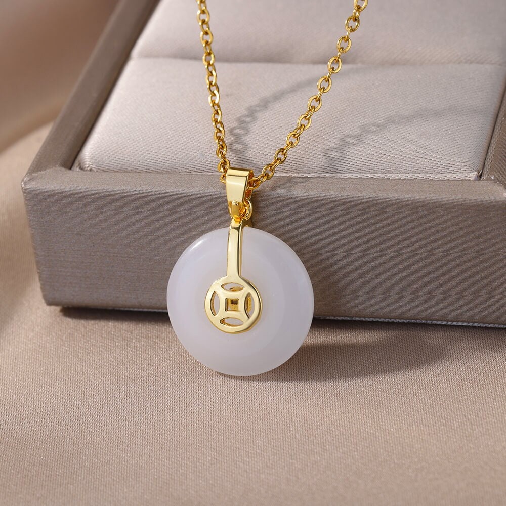 Boho Jade Charm Pendant, 18K Gold Layered Yogi Necklace, Dainty Minimalist Jewelry, Delicate Handmade for Women, Gift for Her