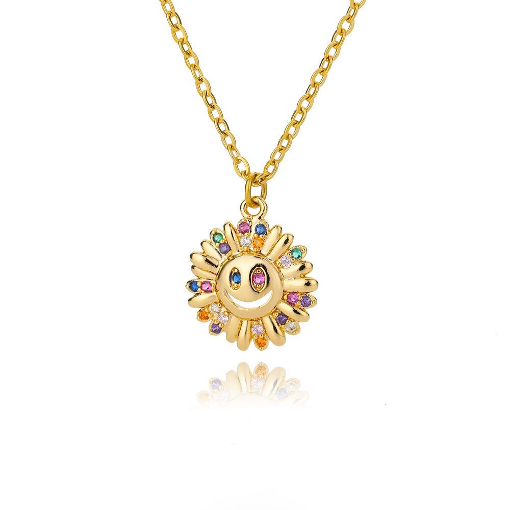 Boho Happy Sunflower Pendant, 18K Gold Layered Yogi Necklace, Dainty Minimalist Jewelry, Delicate Handmade for Women, Gift for Her