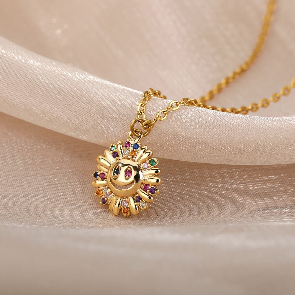 Boho Happy Sunflower Pendant, 18K Gold Layered Yogi Necklace, Dainty Minimalist Jewelry, Delicate Handmade for Women, Gift for Her