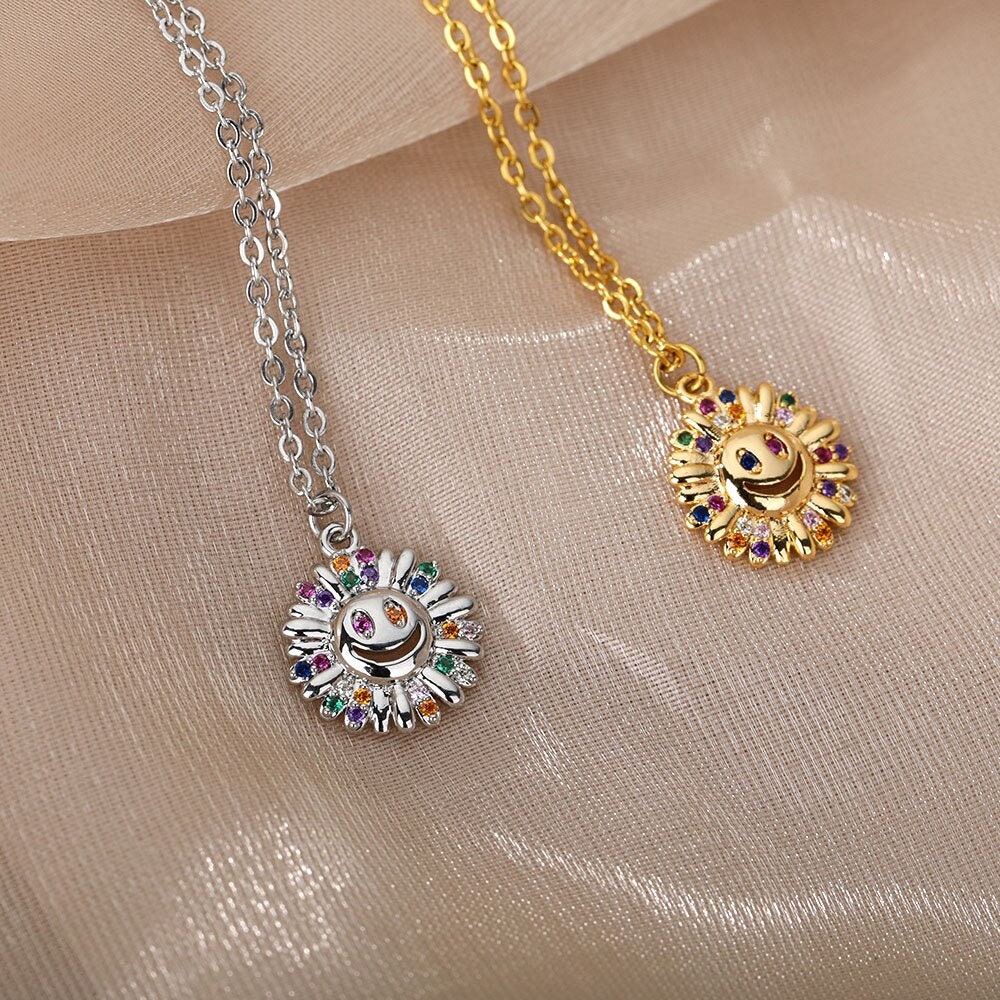 Boho Happy Sunflower Pendant, 18K Gold Layered Yogi Necklace, Dainty Minimalist Jewelry, Delicate Handmade for Women, Gift for Her