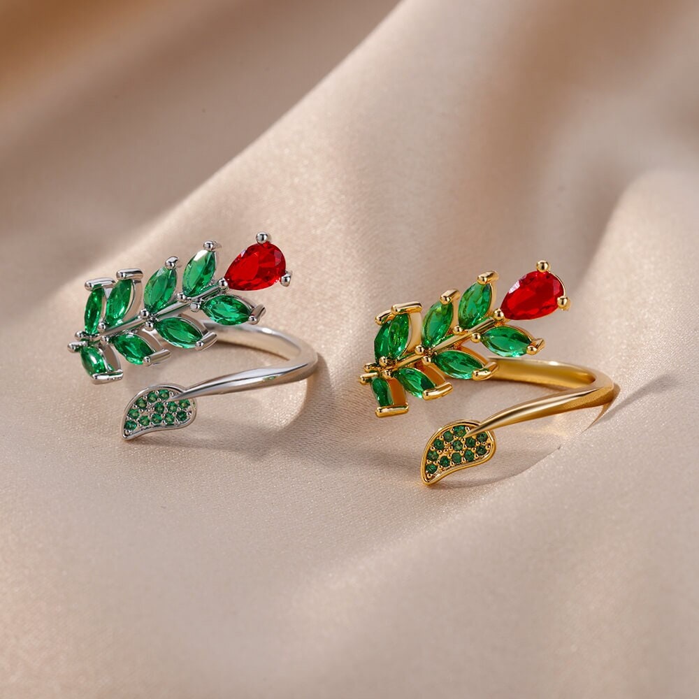 Boho Red Rose Vine Charm, 18K Gold Yogi Stackable Ring, Dainty Minimalist Jewelry, Delicate Handmade for Women, Gift for Her