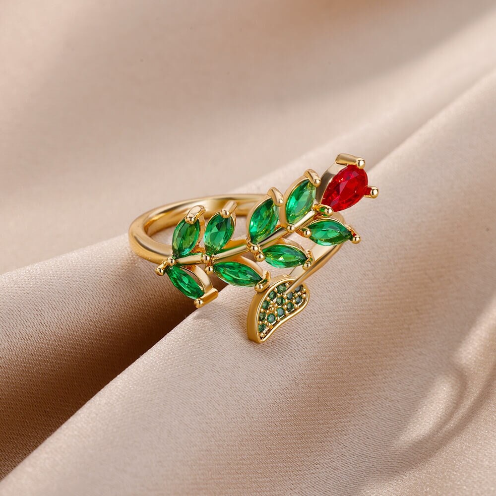 Boho Red Rose Vine Charm, 18K Gold Yogi Stackable Ring, Dainty Minimalist Jewelry, Delicate Handmade for Women, Gift for Her