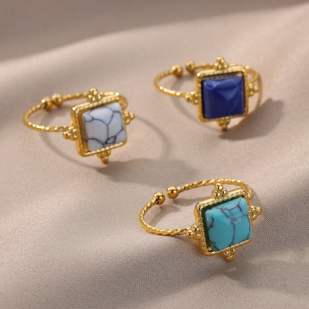 Punk Square Moonstone, 18K Gold Gothic Stackable Ring, Dainty Minimalist Jewelry, Delicate Handmade for Women, Gift for Her