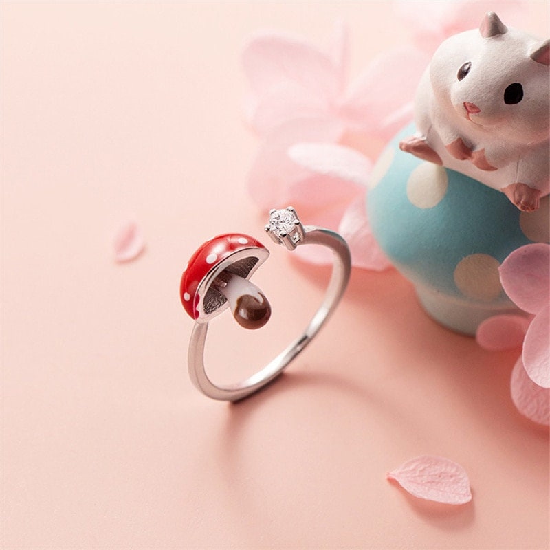 Punk Enamel Mushroom, 18K Gold Cute Stackable Ring, Dainty Minimalist Jewelry, Delicate Handmade for Women, Gift for Her