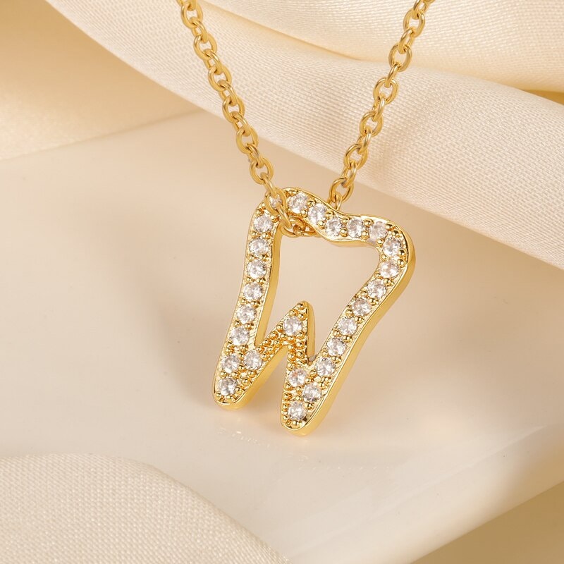 Punk Crystal Teeth Tooth Pendant, 18K Gold Layered Necklace, Gothic Dainty Minimalist Jewelry, Delicate Handmade for Women, Gift for Her