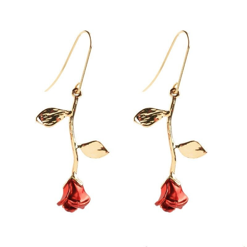 Boho Rose Flower Drop Dangle, 18K Gold Everyday Earrings, Dainty Minimalist Jewelry, Delicate Handmade  for Women, Gift for Her