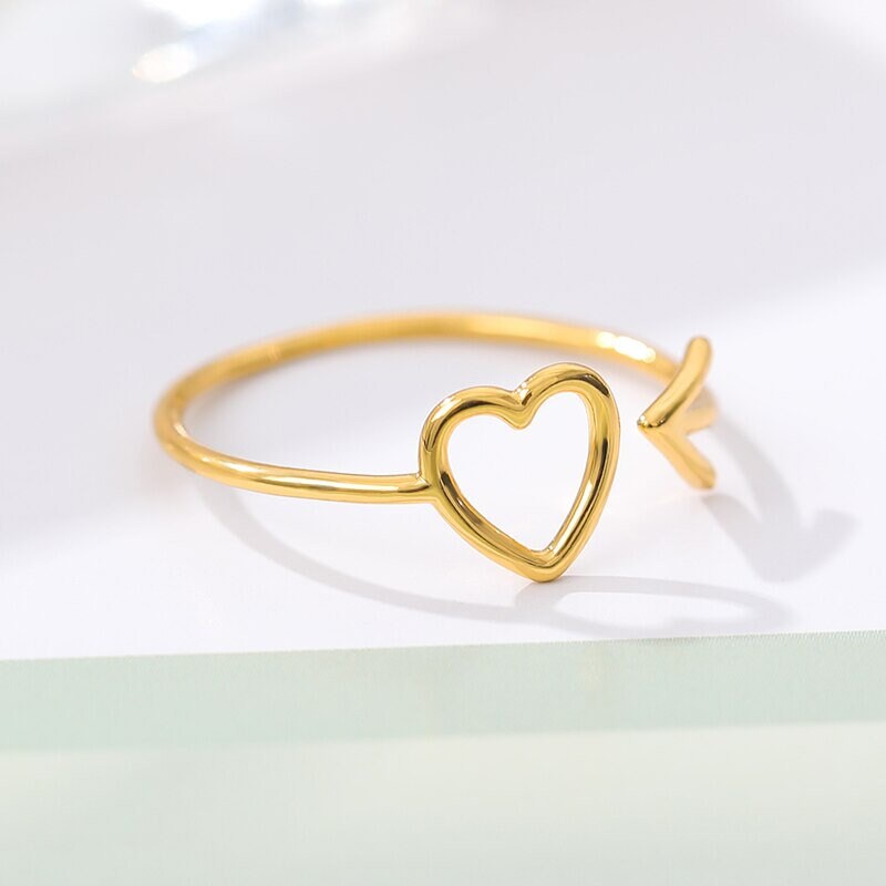 Boho Heart Arrow Cupid Cute, 18K Gold Yogi Stackable Ring, Dainty Minimalist Jewelry, Delicate Handmade for Women, Gift for Her
