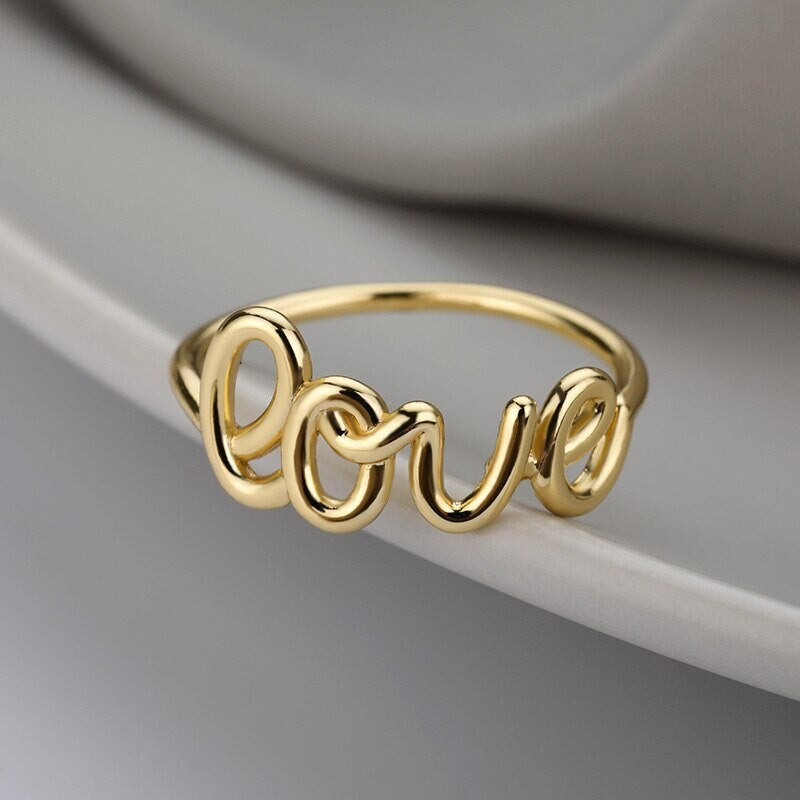 Punk Cute Love Script, 18K Gold Gothic Stackable Ring, Dainty Minimalist Jewelry, Delicate Handmade for Women, Gift for Her