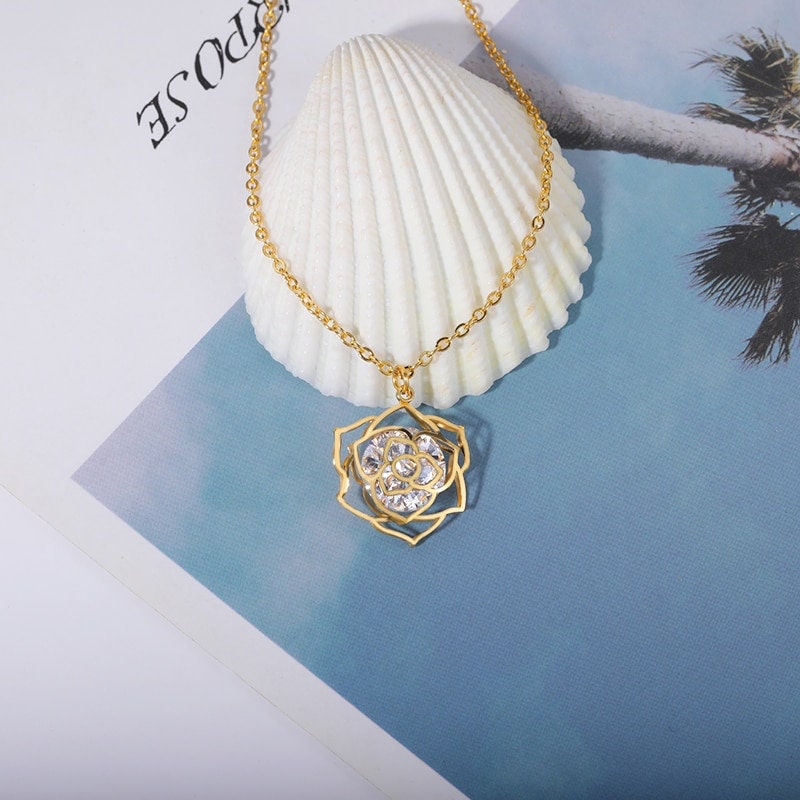Boho Crystal Charm Flower Rose Pendant, 18K Gold Layered Yogi Necklace, Dainty Minimalist Jewelry, Delicate Handmade for Women, Gift for Her