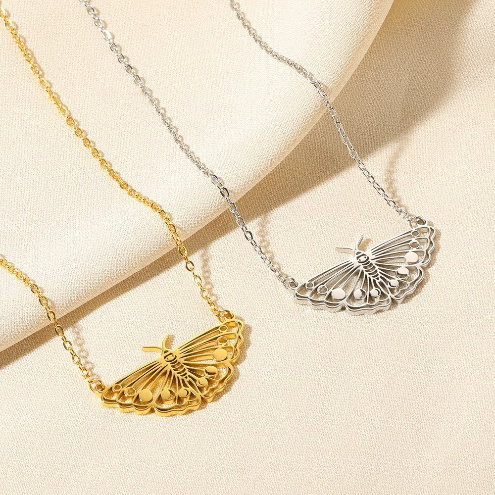 Punk Night Moth Pendant, 18K Gold Layered Necklace, Gothic Dainty Minimalist Jewelry, Delicate Handmade for Women, Gift for Her
