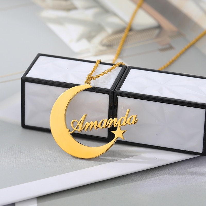 Custom Name Necklace, 18K Gold Name Necklace, Gold Moon Necklace, Moon Name Necklace, Personalized Name Moon Necklace for Women