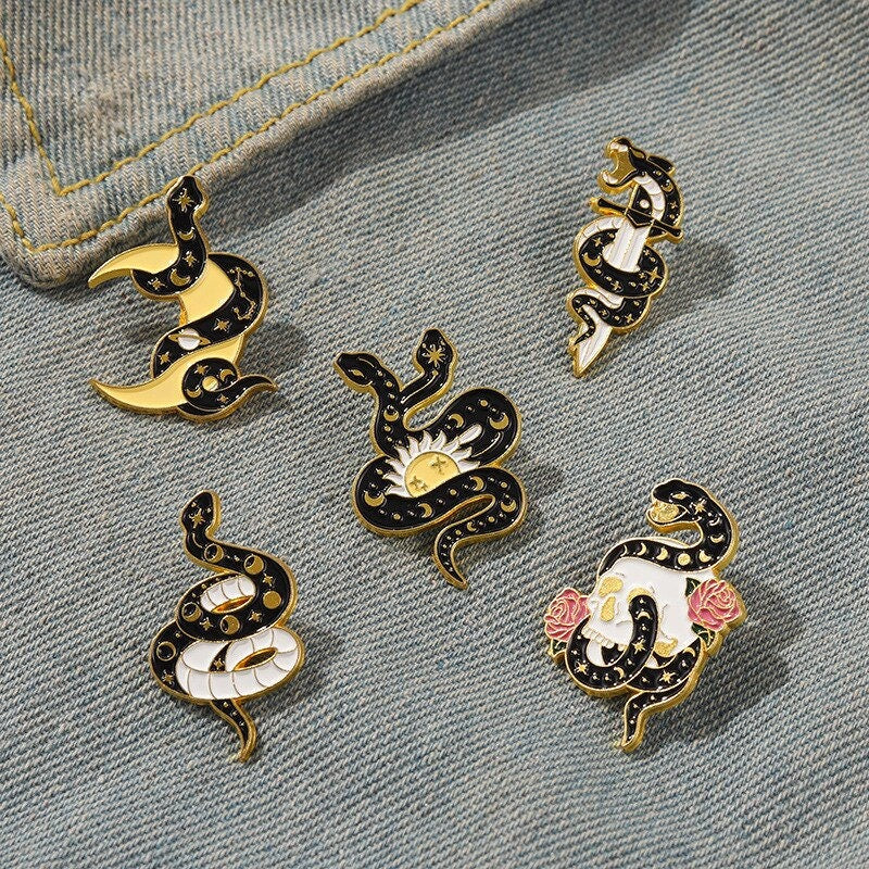 Punk Snake Black Mamba Moon , 18K Gold Everyday Brooch Pin, Gothic Dainty Minimalist Jewelry, Delicate Handmade for Women, Gift for Her