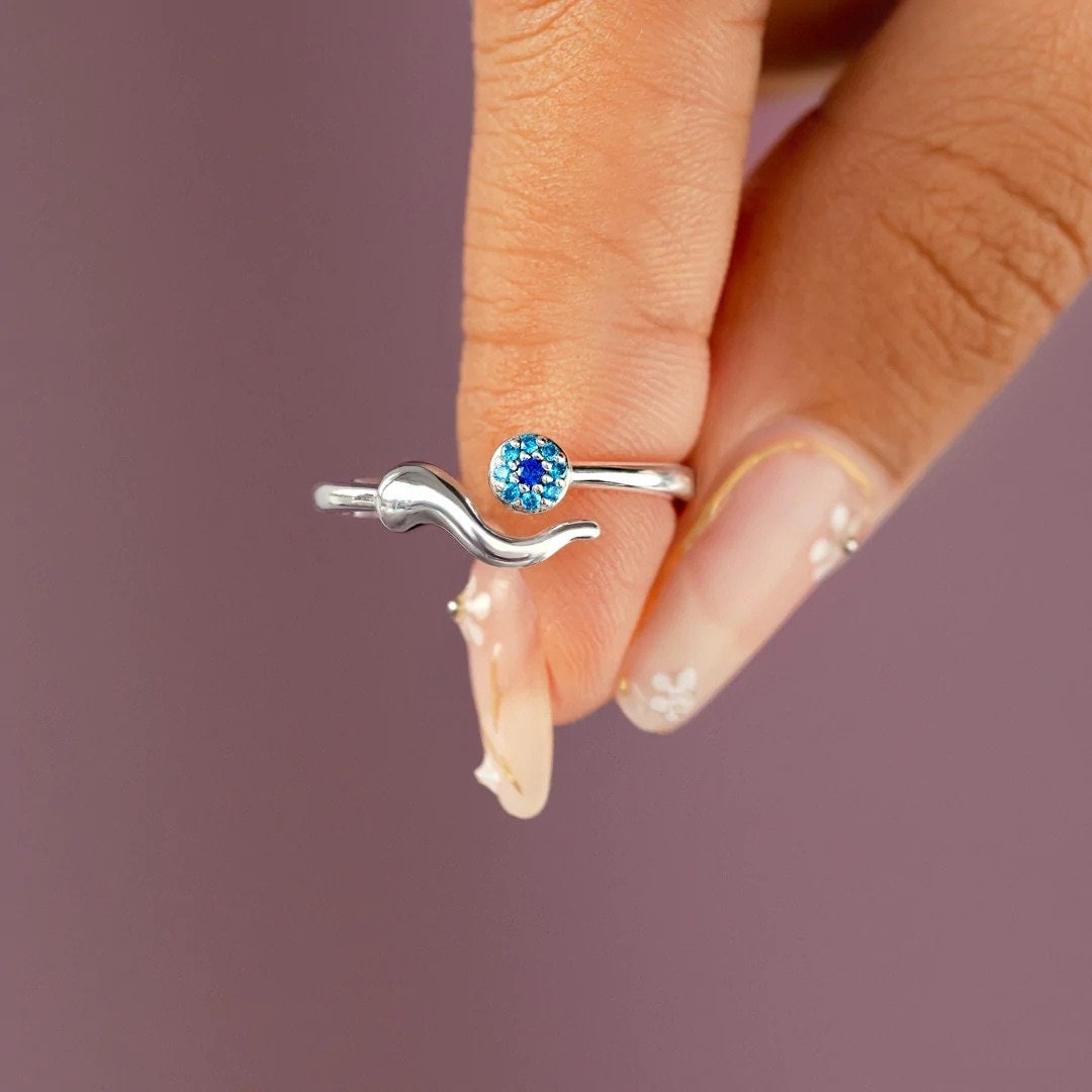 Punk Blue Evil Eye Amulet, Silver Gothic Stackable Ring, Dainty Minimalist Jewelry, Delicate Handmade for Women, Gift for Her