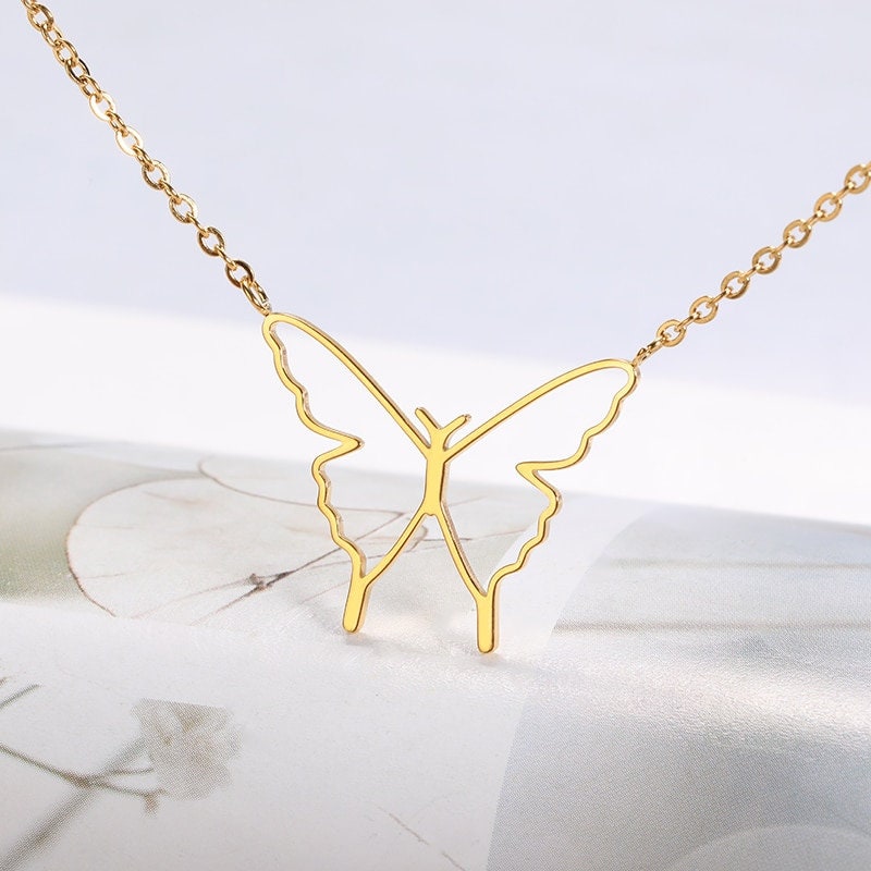 Boho Hollow Butterfly Pendant, 18K Gold Layered Yogi Necklace, Dainty Minimalist Jewelry, Delicate Handmade for Women, Gift for Her