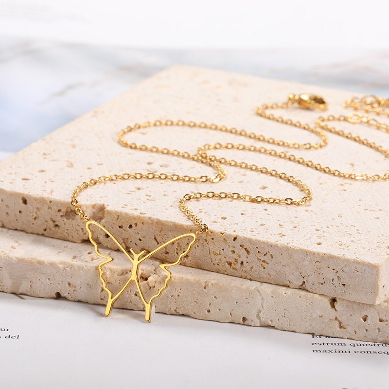 Boho Hollow Butterfly Pendant, 18K Gold Layered Yogi Necklace, Dainty Minimalist Jewelry, Delicate Handmade for Women, Gift for Her
