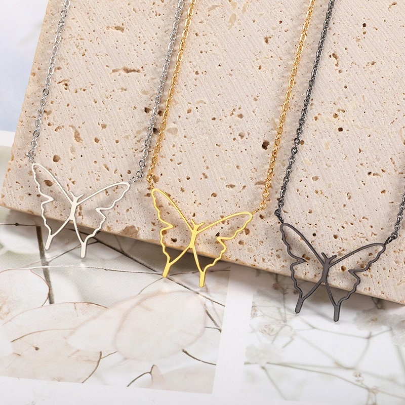 Boho Hollow Butterfly Pendant, 18K Gold Layered Yogi Necklace, Dainty Minimalist Jewelry, Delicate Handmade for Women, Gift for Her