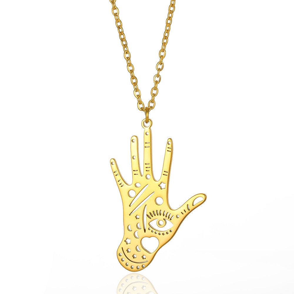 Punk Hand of Fatima Hamsa Pendant, 18K Gold Layered Necklace, Gothic Dainty Minimalist Jewelry, Delicate Handmade for Women, Gift for Her