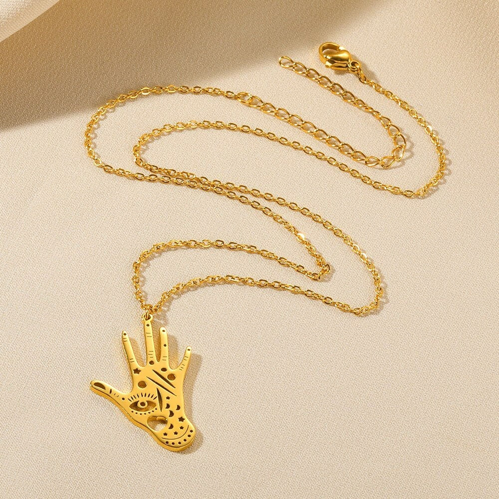 Punk Hand of Fatima Hamsa Pendant, 18K Gold Layered Necklace, Gothic Dainty Minimalist Jewelry, Delicate Handmade for Women, Gift for Her