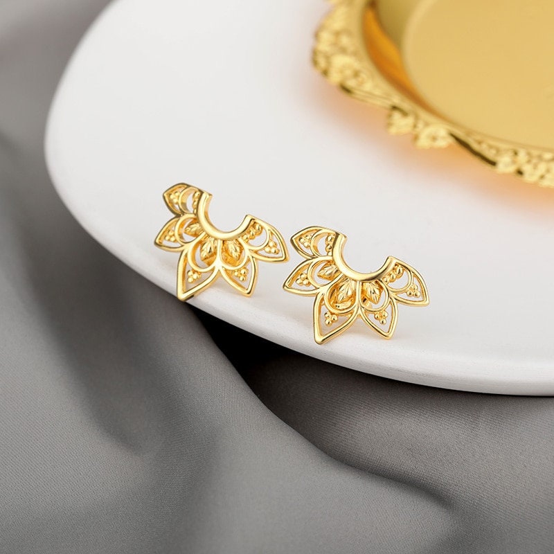 Boho Henna Lotus Flower , 18K Gold Everyday Earrings, Dainty Minimalist Jewelry, Delicate Handmade  for Women, Gift for Her