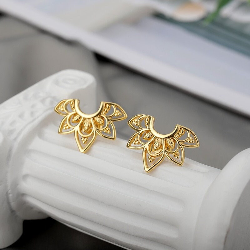 Boho Henna Lotus Flower , 18K Gold Everyday Earrings, Dainty Minimalist Jewelry, Delicate Handmade for Women, Gift for Her